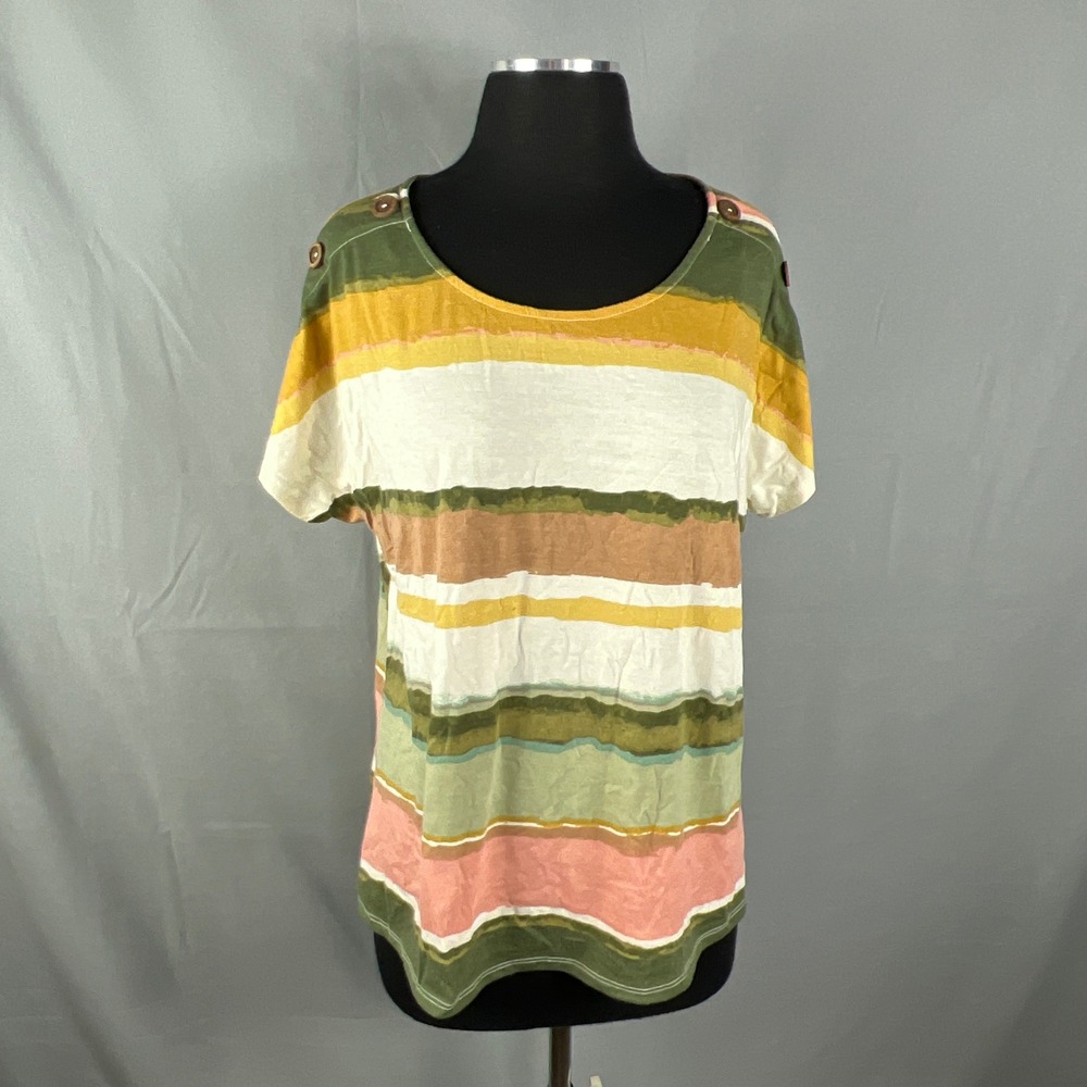 Tru Self T Shirt Womens Multicolor Striped Stretch Button Shoulder Short Sleeve